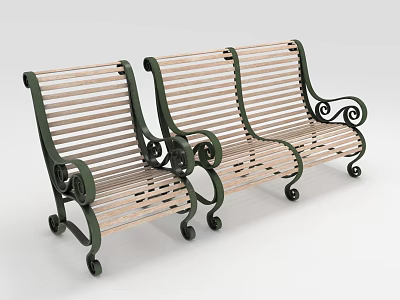 Green Outdoor Benches With Wooden Slats Metal Frames Ornate Scroll Details And Wheels 3d model