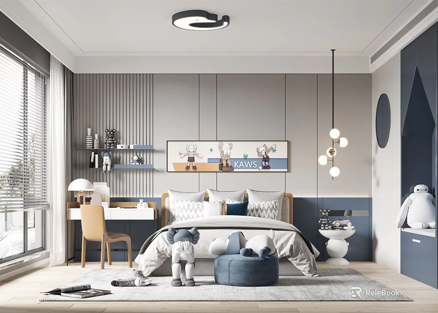 Modern Kids Room Interior Design With Cozy Bed Soft Rug And Decorative Toys 3d model 