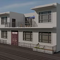 Detached Villa With White Exterior Purple Door Balcony People Sitting And Blue Umbrella
