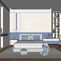 Modern Kids Room Interior With Astronaut Wall Art Blue Pillows Stuffed Toy And Bookshelves