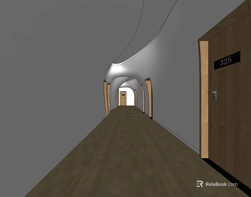 Elevator Hallway With Wooden Flooring Doors Room Numbers White Walls And Curved Lighting 3d model 