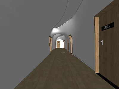 Elevator Hallway With Wooden Flooring Doors Room Numbers White Walls And Curved Lighting 3d model