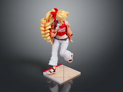 Child Standing Doll With Blonde Curly Hair Red Bow Red Vest White Pants Sandals Base 3d model