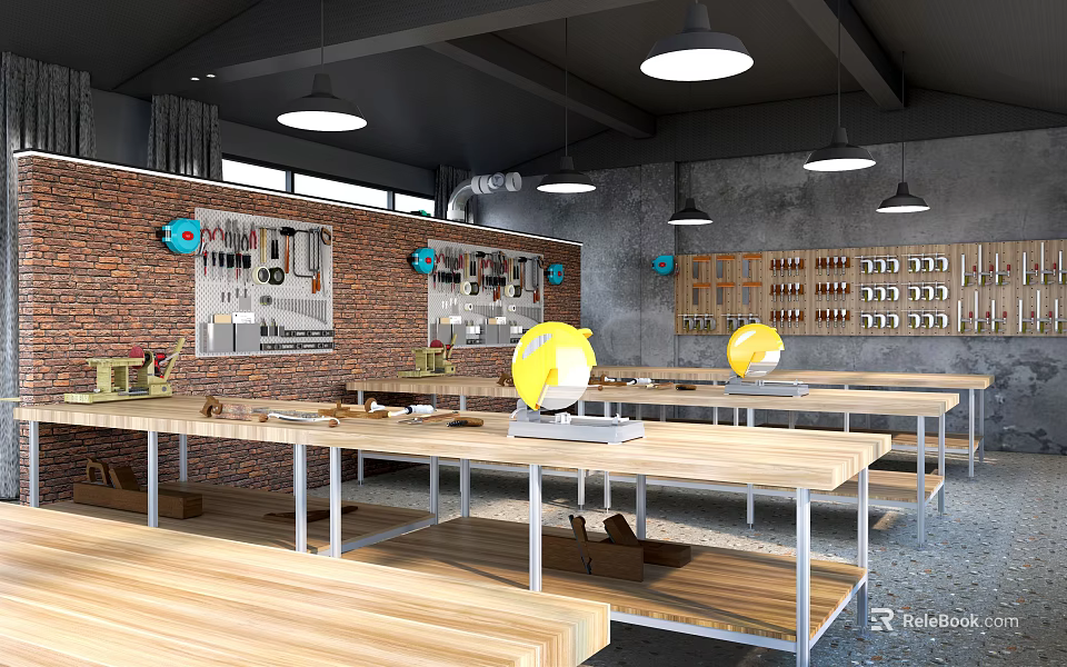 Public Workspace Featuring Wooden Tables Metal Frames Brick Walls Tool Shelves And Pendant Lights 3d model 
