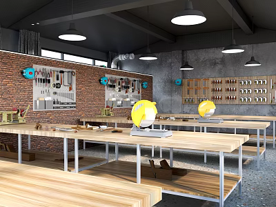 Public Workspace Featuring Wooden Tables Metal Frames Brick Walls Tool Shelves And Pendant Lights 3d model