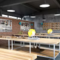 Public Workspace Featuring Wooden Tables Metal Frames Brick Walls Tool Shelves And Pendant Lights