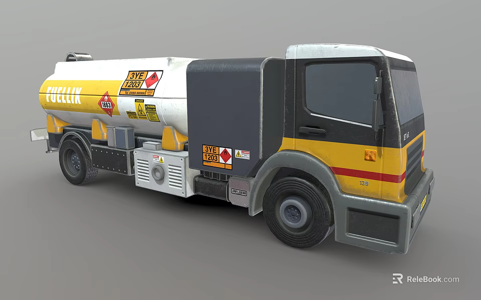 Fuel Tanker Truck Tollen Yellow White Red Stripes With Fire Zone Safety Sign 3d model 