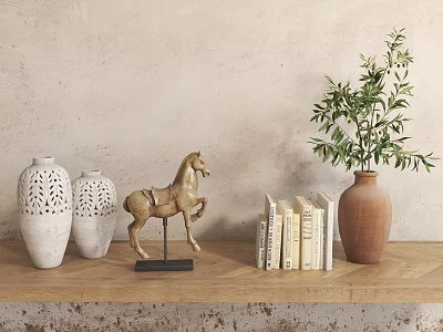 Decorative Ornament Set With White Hollow Vases Horse Figurine Books Brown Vase And Green Plants 3d model