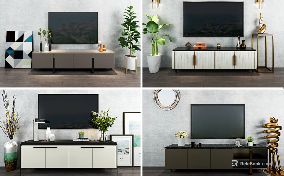 Modern TV Stand Designs With TV Indoor Plants And Decor Items 3d model 