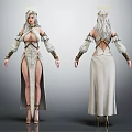 Female Angelic Creature Character 3D Model With Front Back Views White Gown Golden Accents