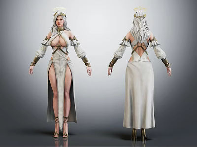Female Angelic Creature Character 3D Model With Front Back Views White Gown Golden Accents 3d model