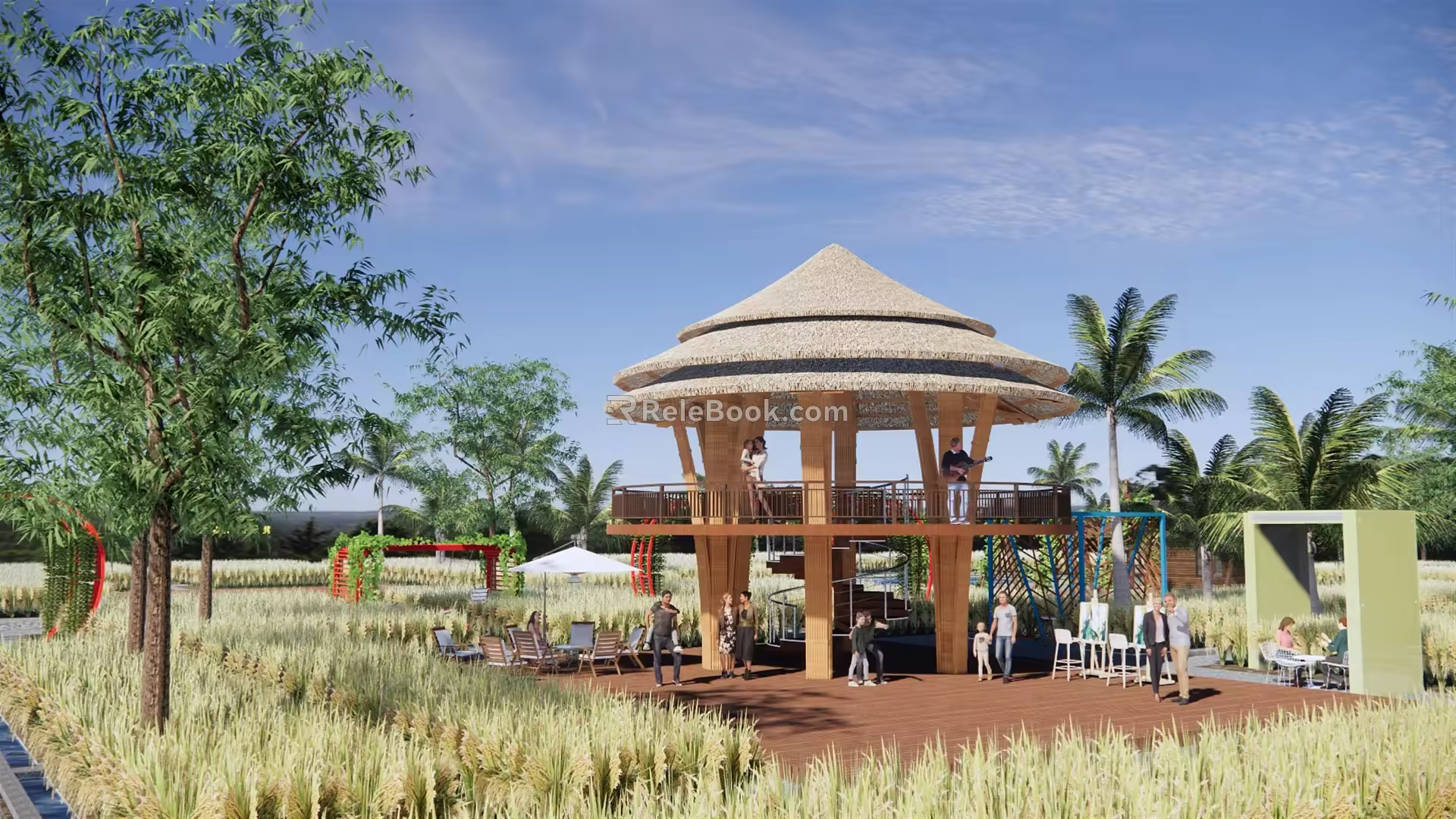 Modern thatched cottage viewing platform rural wooden platform viewing platform climbing tower activity center looking at the porch frame paddy field landscape 3d model