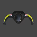 Man In Tactical Gear With Black Helmet Balaclava Red Eyes And Yellow Striped Arms