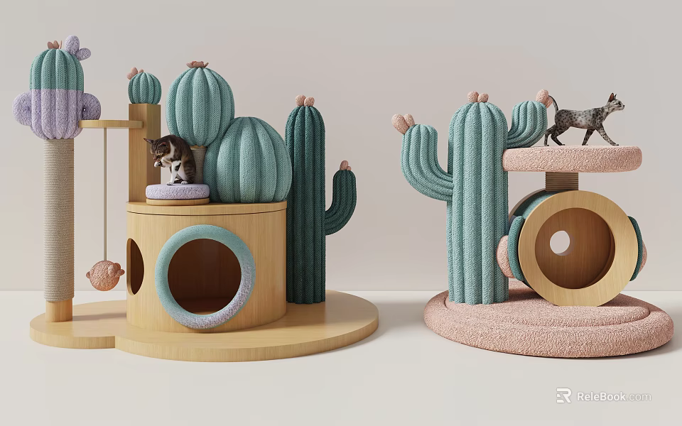 Green Cactus Shaped Cat Trees with Wooden Pink Base Small Cat Bed and Toy 3d model 