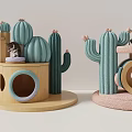 Green Cactus Shaped Cat Trees with Wooden Pink Base Small Cat Bed and Toy