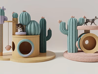 Green Cactus Shaped Cat Trees with Wooden Pink Base Small Cat Bed and Toy 3d model