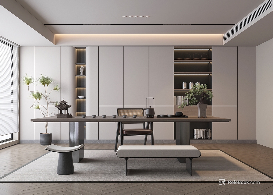 Modern Open Tea Room With White Cabinets Long Table Green Plants Tea Sets And Bench 3d model 