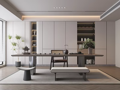 Modern Open Tea Room With White Cabinets Long Table Green Plants Tea Sets And Bench 3d model