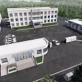 Modern Office Building With White Exterior Large Windows Front Entrance Steps And Green Plants