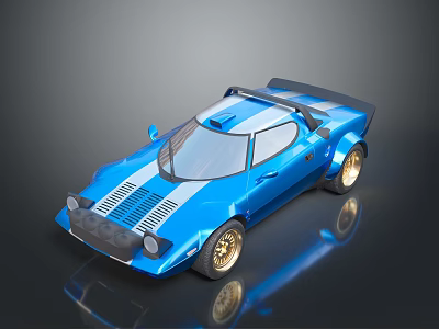 Blue Vintage Sports Car With White Stripes And Gold Wheels Classic Design 3d model