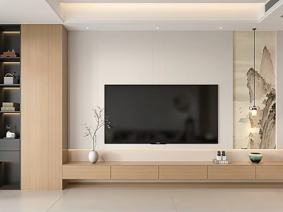 Modern Minimalist TV Background Wall Design With White Panel Wooden Cabinet Decorative Painting And Vase 3d model