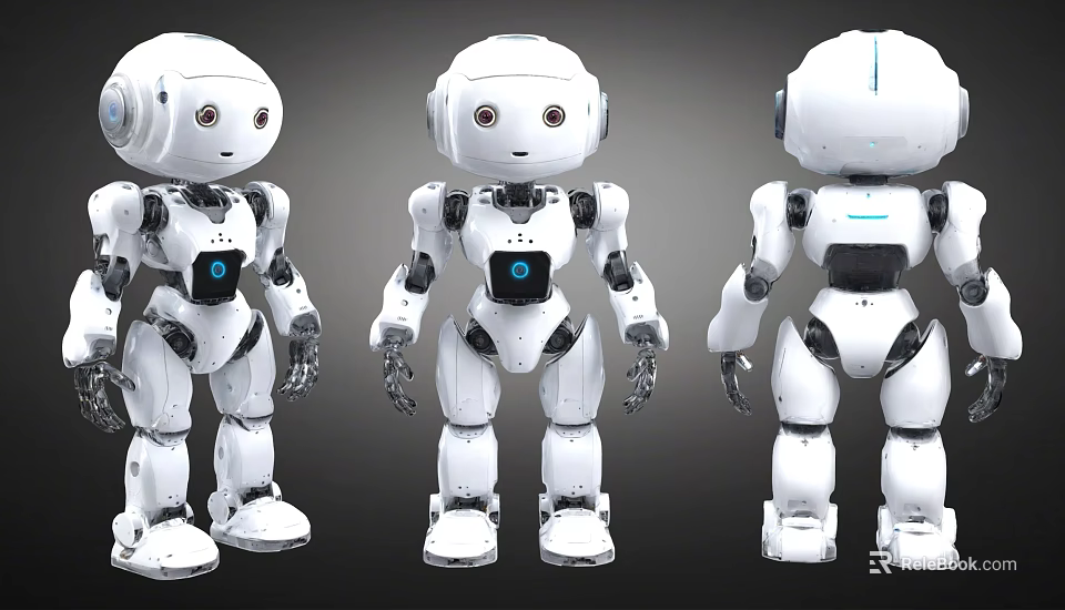 Smart Robots Featuring White Exterior Blue Sensors And Three Angle Display Design 3d model