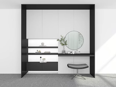 Modern Black and White Dressing Table With Round Mirror Drawers Stool and Green Plant 3d model