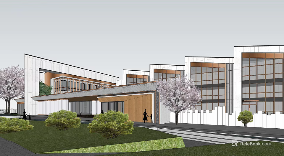 Modern School Building Exterior With Large Glass Windows Green Lawn And Cherry Blossom Tree 3d model 