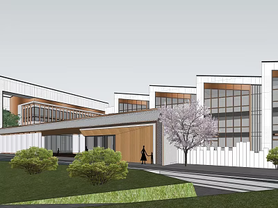 Modern School Building Exterior With Large Glass Windows Green Lawn And Cherry Blossom Tree 3d model