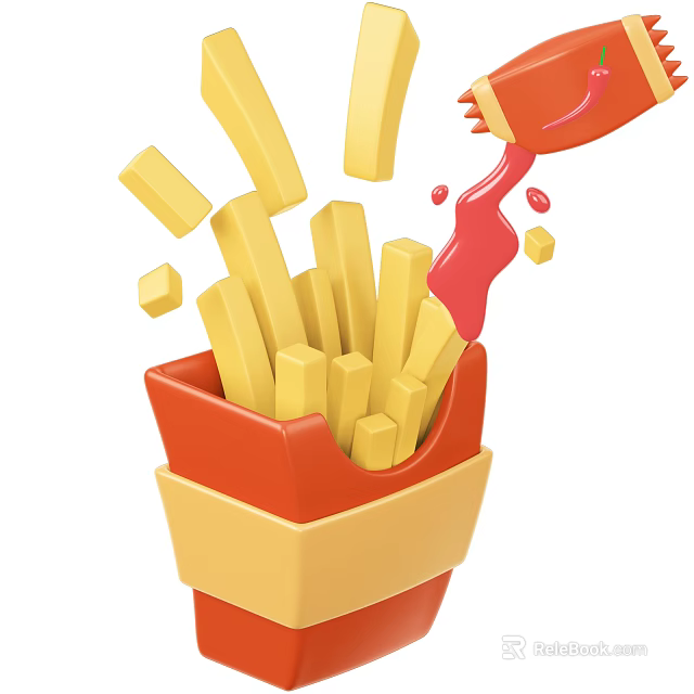 Fresh crispy French fries pouring out of a red and yellow box with ketchup 3d model 