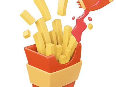 Fresh crispy French fries pouring out of a red and yellow box with ketchup 3d model