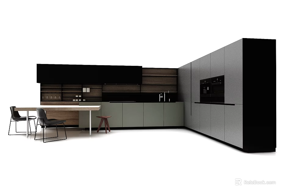 Modern Kitchen Interior With Black Gray Decorative Cabinets And Wooden Island 3d model 
