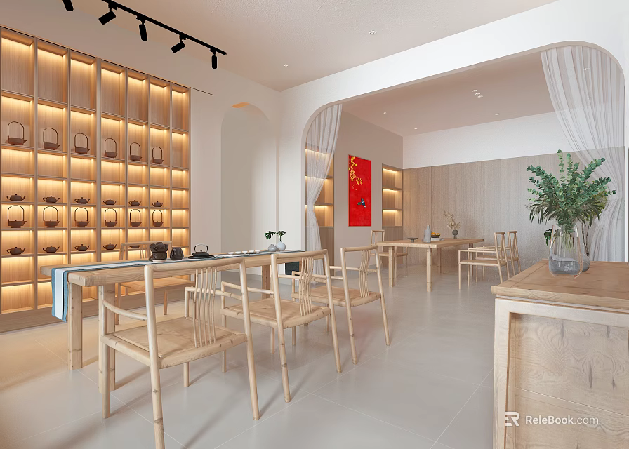Traditional Tea House Interior With Wooden Tables Chairs Shelves And Green Plants 3d model 