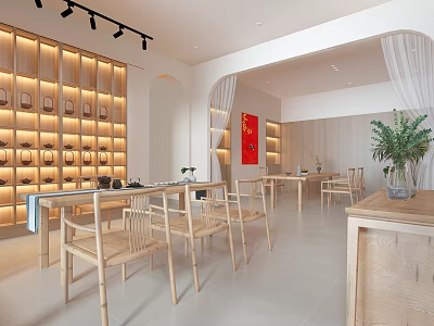 Traditional Tea House Interior With Wooden Tables Chairs Shelves And Green Plants 3d model