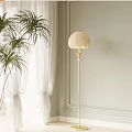 Floor Lamp with Palm Tree and White Curtains Near Light Colored Wall with Decorative Molding