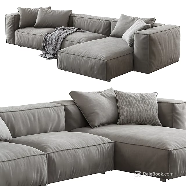 Modern Gray Sectional Sofa With Soft Fabric Pillows And Cozy Throw Blanket 3d model