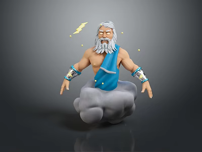 3D Rendered Mythological Elder Figure With White Hair Beard Blue Cloth On Cloud And Lightning 3d model