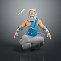 3D Rendered Mythological Elder Figure With White Hair Beard Blue Cloth On Cloud And Lightning