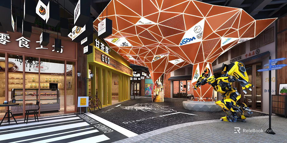 Vibrant Commercial Street With Orange Geometric Canopy Storefronts And Bumblebee Figure 3d model 