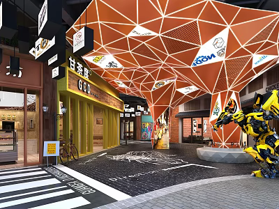 Vibrant Commercial Street With Orange Geometric Canopy Storefronts And Bumblebee Figure 3d model
