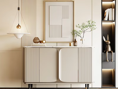 Modern Beige Console Cabinet and Side Cabinet with Vertical Stripe Design Decorations and Lighting 3d model
