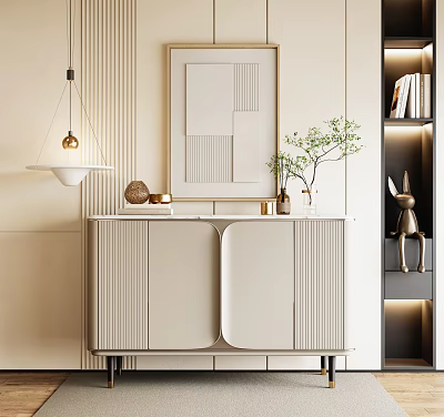 Modern Beige Console Cabinet and Side Cabinet with Vertical Stripe Design Decorations and Lighting 3d model