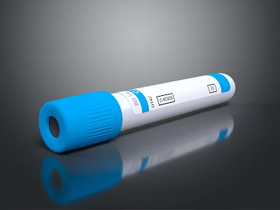 Medical Sampling Tube With Blue Cap White Body And Specimen Label On Reflective Surface 3d model