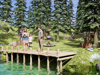Scenic Waterfront Landscape with Wooden Dock Pine Trees Campfire and People on Lush Grass 3d model