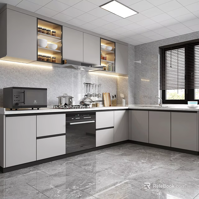 Modern Kitchen Interior Design With Gray Cabinets Microwave Stove Sink And Window Blinds 3d model 