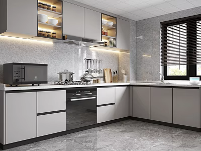 Modern Kitchen Interior Design With Gray Cabinets Microwave Stove Sink And Window Blinds 3d model