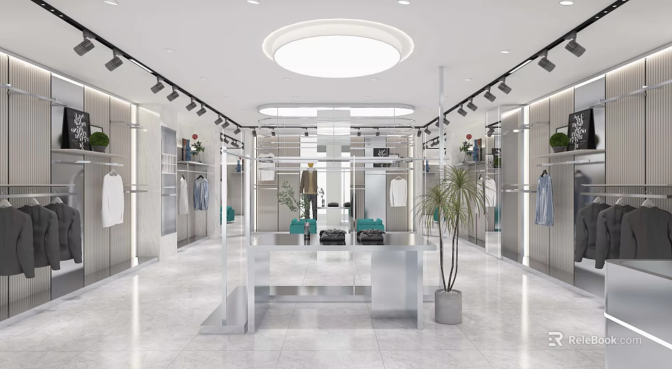 Modern Clothing Store Interior With Display Racks Mirrors Lighting And Plants 3d model 