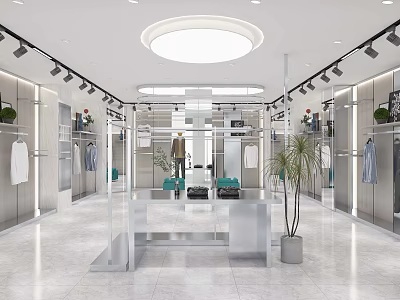 Modern Clothing Store Interior With Display Racks Mirrors Lighting And Plants 3d model