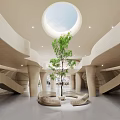 Modern Hotel Lobby Interior Design With Curved Wooden Columns Large Windows And Spacious Layout