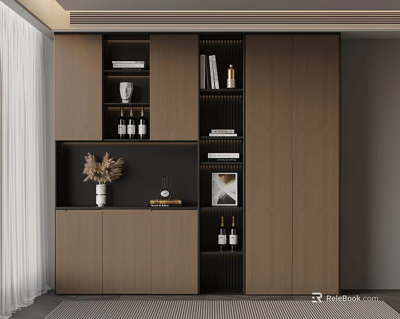Modern Wooden Wine Cabinet With Layered Design Holding Wine Bottles Books And Vase 3d model 
